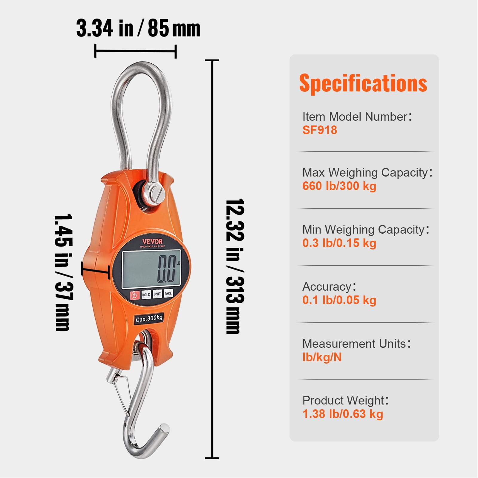 KFFKFF Digital Hanging Scale Mini Crane Scale 660 lbs/300 kg Cast Aluminum Case