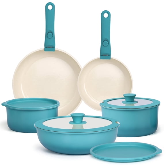 GIPP 11pcs Cookware Sets, Pots and Pans Set Non Stick with Removable Handle, Oven & Dishwasher Safe,Induction Cookware, Kitchen Cooking Set for RV Trips and Camping,Blue