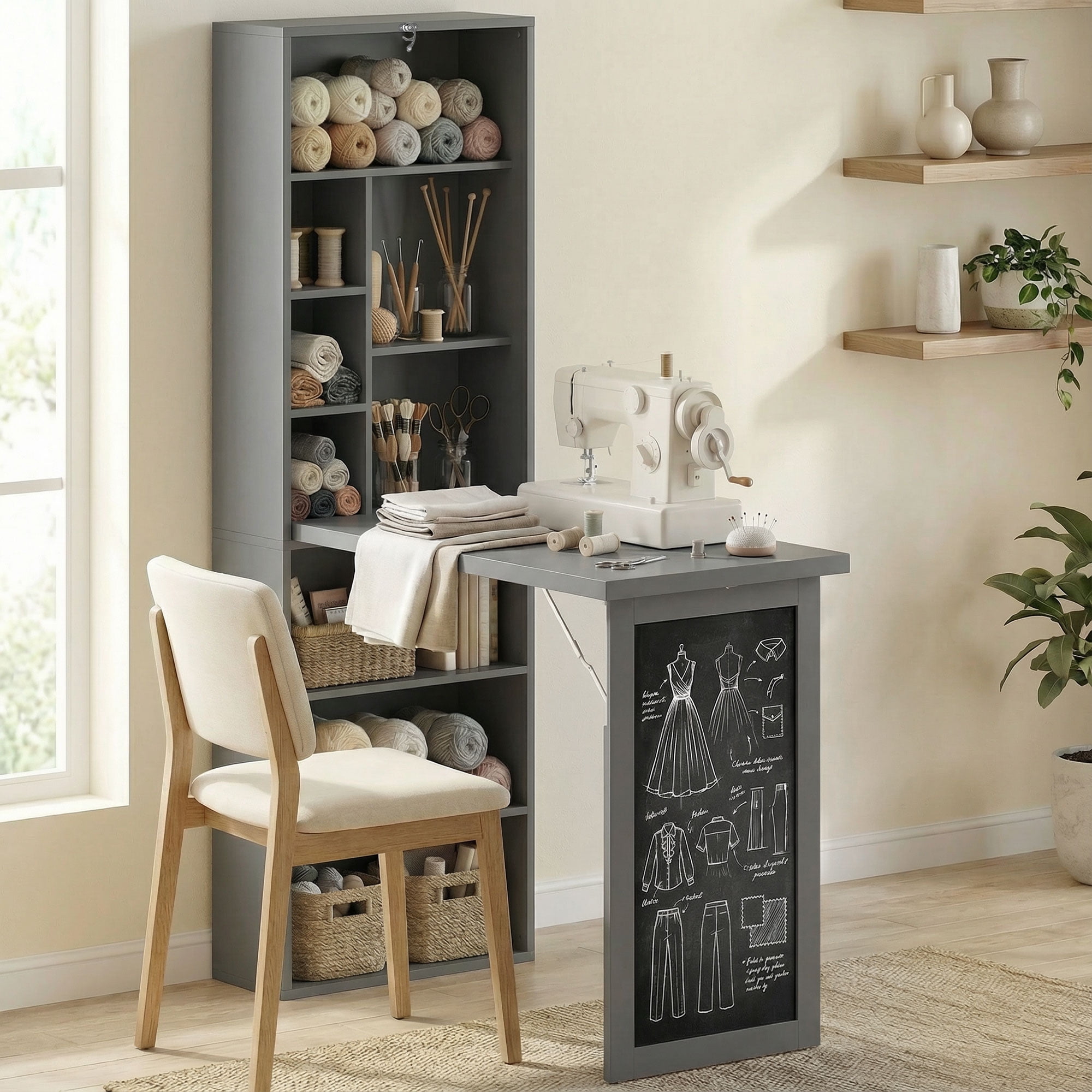 HOMCOM Fold-out Convertible Writing Table Wall Mount Desk Cabinet with Blackboard and Side Shelf Multi-Function for Home Office, Charcoal Gray