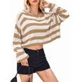 thumbnail image 3 of Women'S Long Sleeve Striped Oversized One Shoulder Loose Fit Casual Baggy Short Pullover Sweater Khaki L, 3 of 8