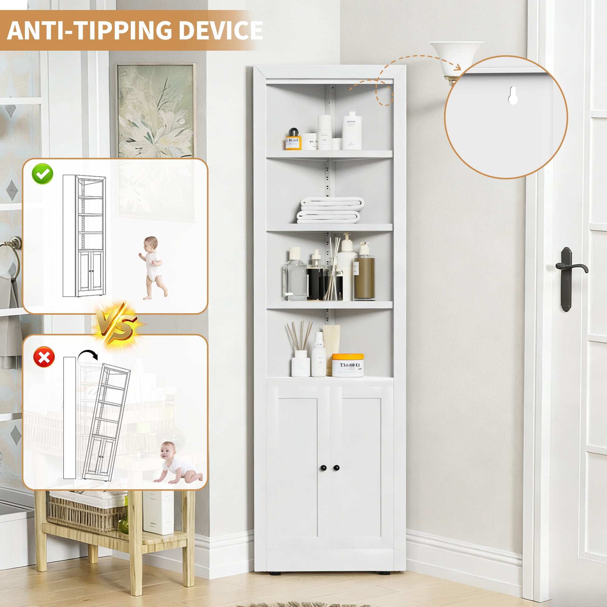Leumius 71" Tall Corner Storage Cabinet with 2 Doors,Freestanding 5-Tier Metal Cabinet with Adjustable Shelves for Kitchen Living Room Bathroom,White