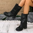 thumbnail image 3 of Fold over Mid Calf Boots for Women Vintage Leather Buckles Square Toe Chunky Heels Motorcycle Riding Tall Boots Black Size 6.5, 3 of 7