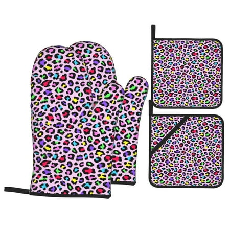 

Oven Mitts and Pot Holders 4 Piece fashion rainbow leopard pink High Heat Slip Resistant Oven Mitt and Trivets Set Kitchen Oven Glove Pot Holders for Cooking Baking Grilling