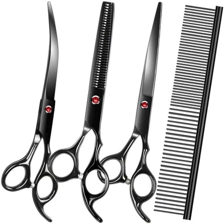 Dog Grooming Scissors Kit Premium Stainless Steel Dog Shears with Curved Shears Sharp Durable for Dogs Cats+Black 4 Piece