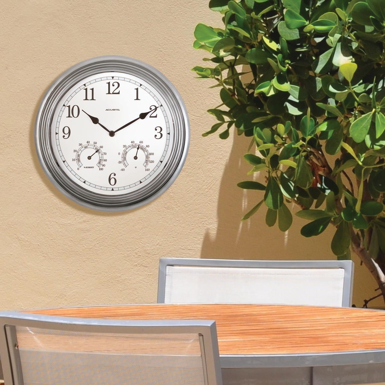 AcuRite 13.5-Inch Indoor/Outdoor Wall Clock with Thermometer and Hygrometer for Temperature and Humidity, Durable Plastic Lens, Crystal Quartz Movement, and Pewter Finish