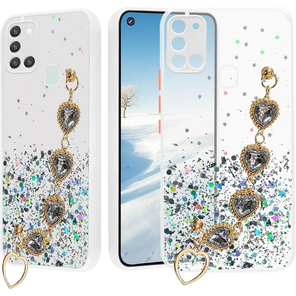 for Samsung Galaxy A21s Case Clear Glitter Silicone, Shockproof Samsung A21s Phone Case with Chain Strap Bracelet for Women Aesthetic Transparent Cover Pink Cute (White)