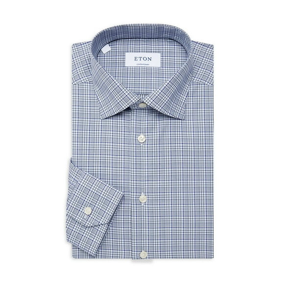 Eton NAVY Contemporary-Fit Plaid Dress Shirt, US 16