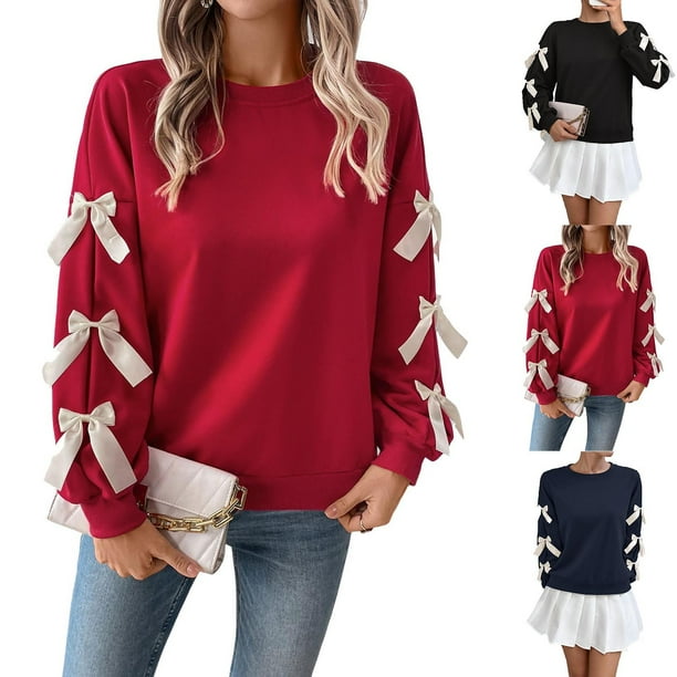 RKSTN Women's Christmas Sweatshirt Oversized Crewneck Cute Knit Bowknot New Year Holiday Sweatshirts Womens Casual Solid Round Neck Plus Size 3D Bow Trim Loose Comfy Sweatshirt Fall Spring Clothes