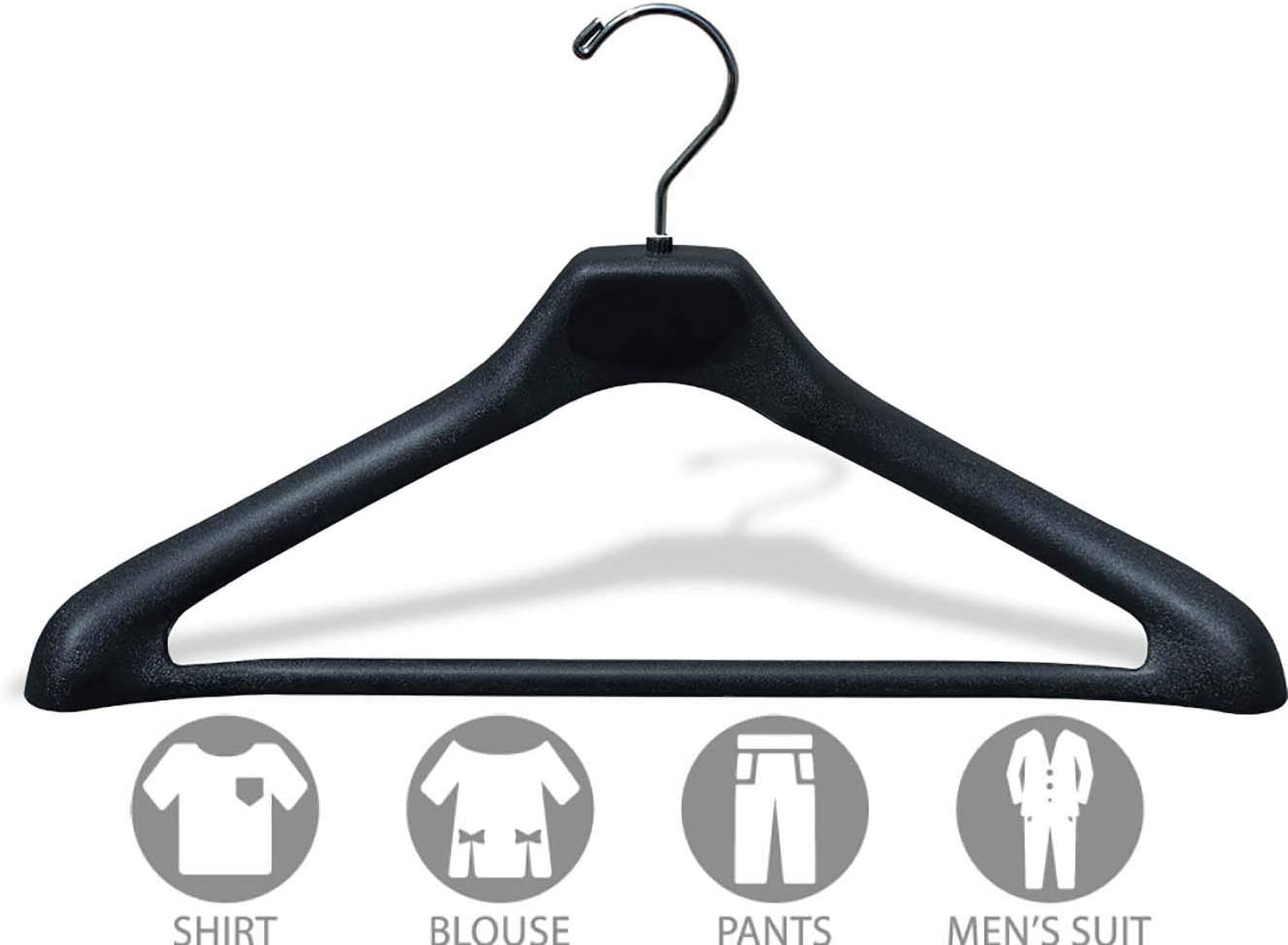 Matte Black Plastic Suit Hanger with Bar and Wide Shoulder in 17" Length X 1.5" Thick with Contoured Body and Chrome Hardware, Box of 12
