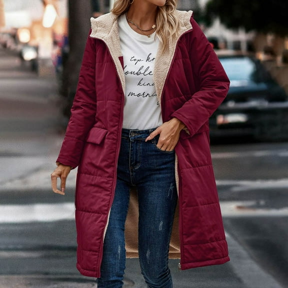 Usmixi 2023 Winter Womens Puffer Coat Long Coat for Women Winter Soft Double Sided Wear Fleece Hooded Overcoat Long Sleeve Casual Solid Pocket Cotton Quilted Jackets Outwear Up to 65% off