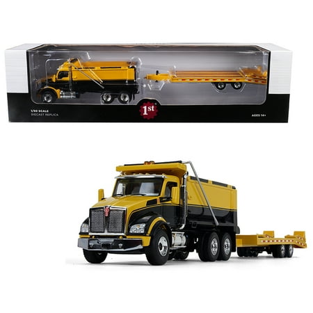 Kenworth T880 Tandem Axle Dump Truck with Beavertail Trailer Yellow/ Black 1/50 Diecast Model by First