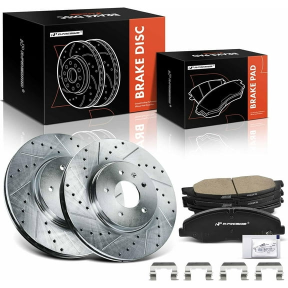 A-Premium 12.43 inch (315.8mm) Front Drilled and Slotted Disc Brake Rotors   Ceramic Pads Kit Compatible with Select Cadillac Models - STS, 2009 2010 2011, with 5 Lug, 6-PC Set