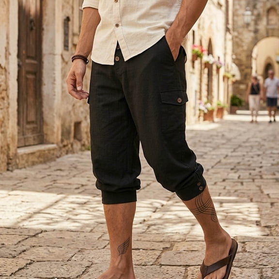Tawop Cargo Shorts for Men Button Cargo Capri Casual with Pockets Solid Fashion Long Shorts, Black, L
