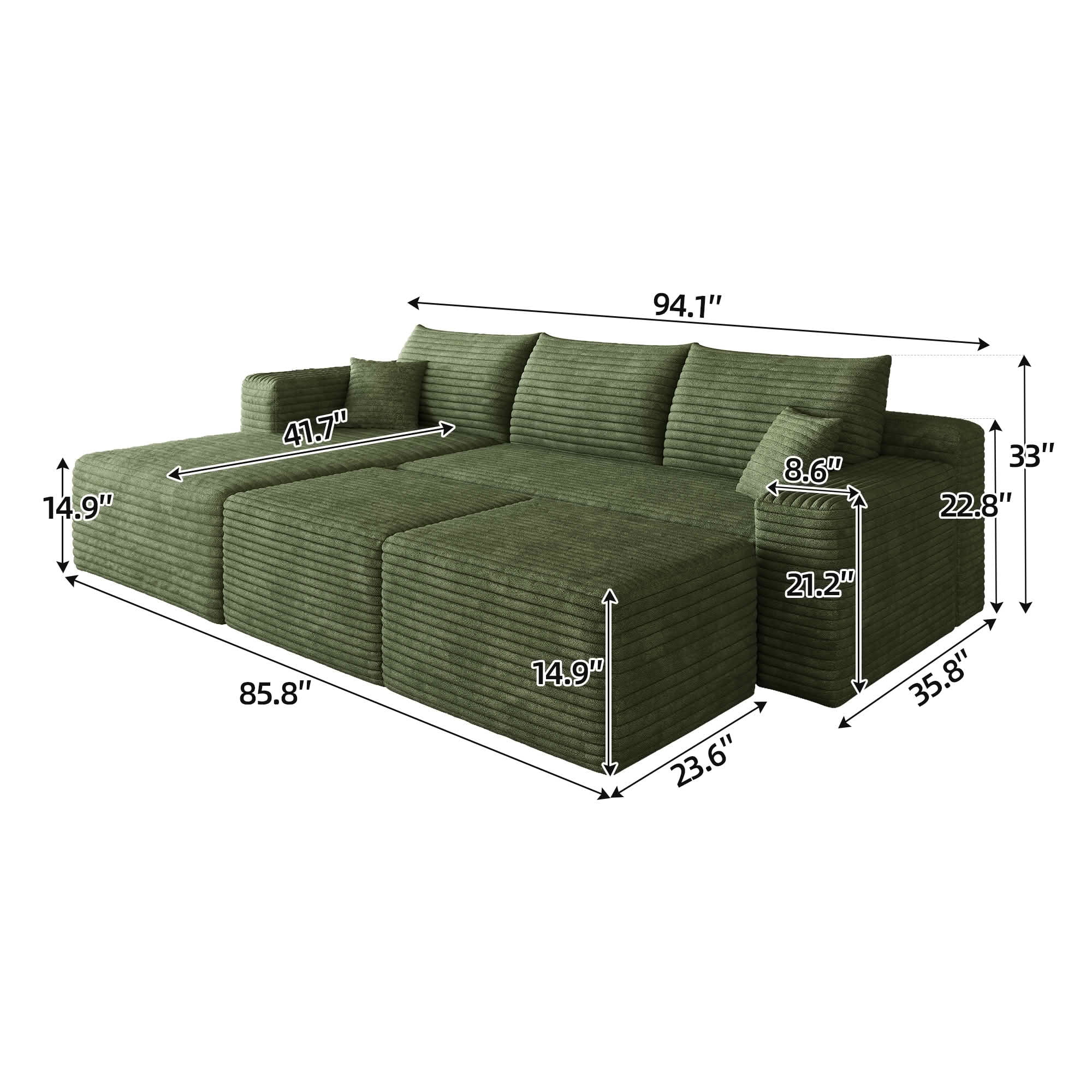 MAYEERTY 95 Inch U‑Shaped Cloud Sectional Sofa with 2 Ottomans, Modern Deep‑Seat Corner Couch, Plush Corduroy Reversible Sofa, No‑Assembly for Living Room Bedroom Apartment