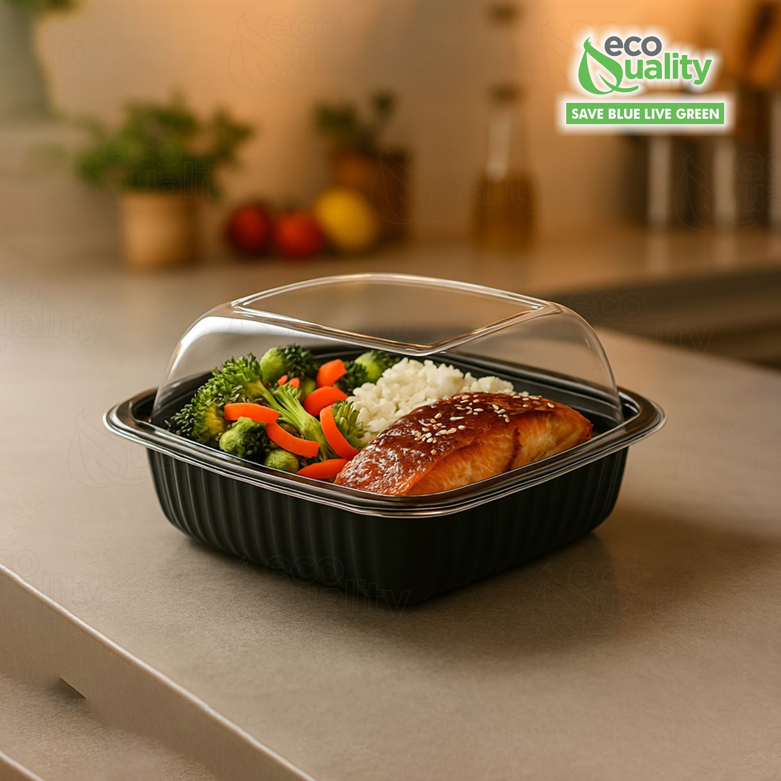 EcoQuality 36oz 8" Square Black Container with Clear Dome Lid, Reusable Bento Box, Food Storage Containers | BPA Free | Stackable | Lunch Boxes, Microwave/Dishwasher/Freezer Safe (25)
