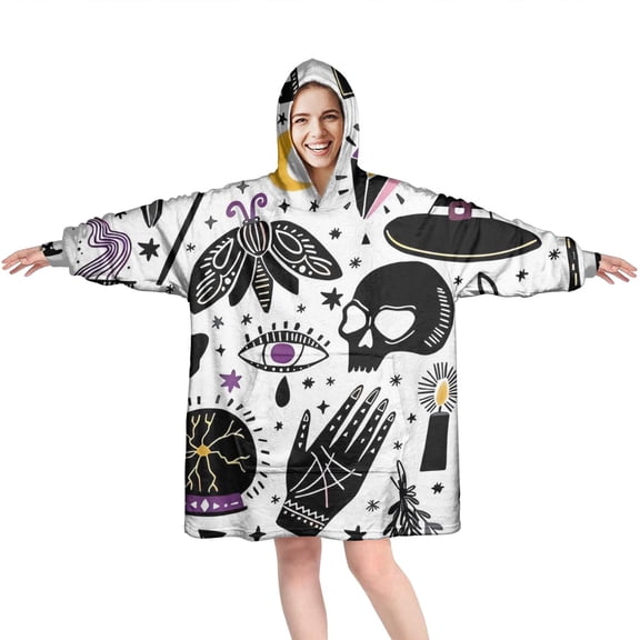 Wearable Oversized Blanket,Black Halloween Witchcraft Elements Wearable Blanket Hoodie for Adults,Cozy Hooded Blankets with Super Pockets,Super Warm Fuzzy Pullover for Women & Men