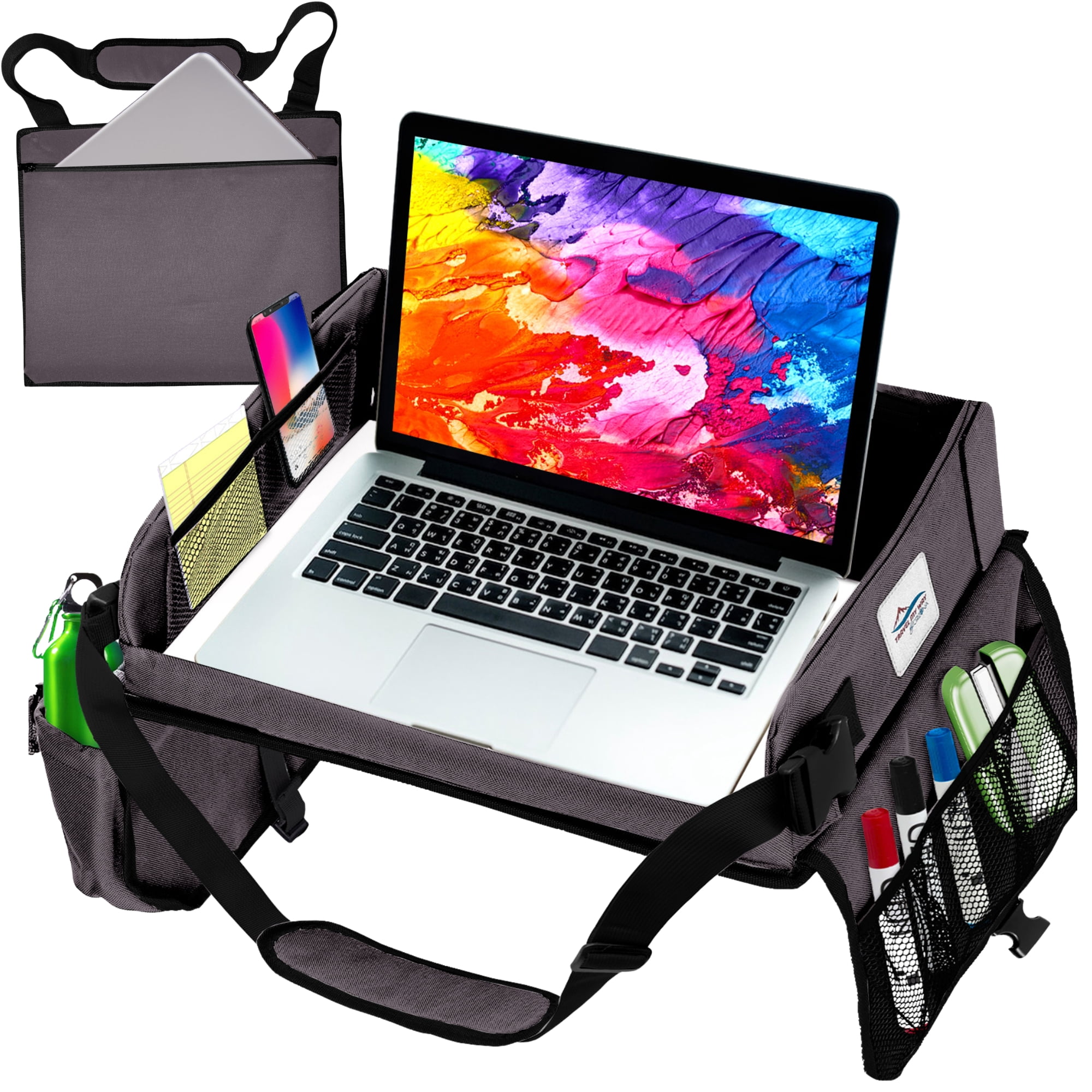 Cerizona Travel Lap Desk - Travel Tray, Portable Lap Desk for Car, Remote Work, Trips, School - Storage Pockets, Laptop Tablet Sleeve, Adjustable Carrying Strap - Fits up to 15.6-Inch Laptop (Gray)
