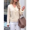 thumbnail image 4 of Women's Solid Ruffled V Neck Button Long Sleeve Knit Sweater Color S, 4 of 10