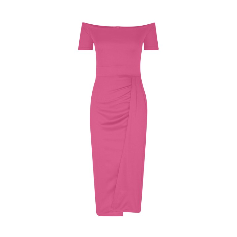 hot pink off the shoulder bodycon dress Slaydiva Hot Pink Bodycon Mini Dress Women's Cocktail Off Shoulder Puff Sleeve Slim Fit Knitted Fabric Pencil Hem Elegant Sexy Party Wedding,L