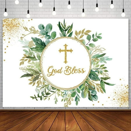 God Bless Backdrop First Communion Baptism Christening Party Decorations Supplies Green Leaves Gold Dots Photography Background Newborn Baby Shower Banner Photo Booth Studio Props
