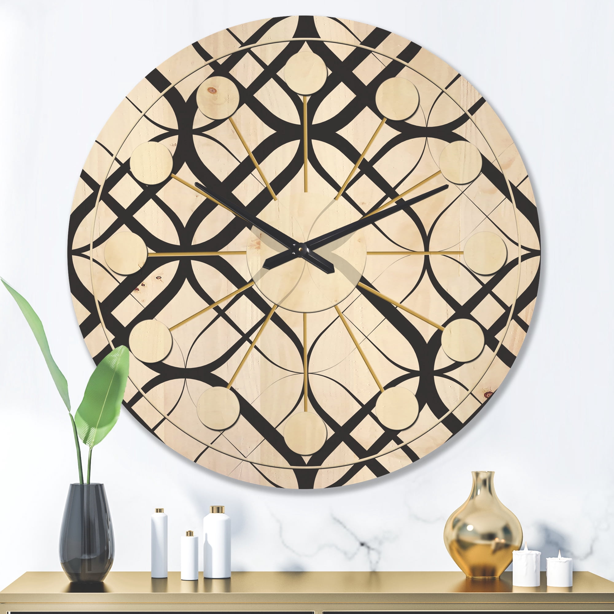 Designart 'Black and White Geometric Pattern III' Mid-Century Modern Wood Wall Clock