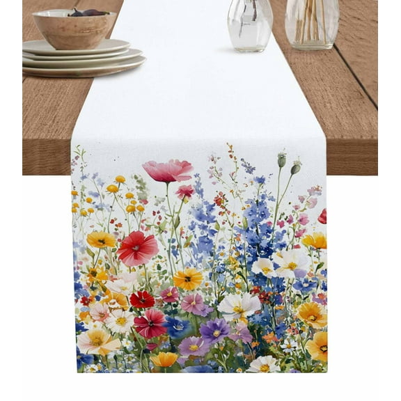 Table Runner Dresser Scarves 70 Inch Long,Watercolor Spring Garden Floral Art Linen Dining Table Runners Blooming Flower on White Tabletop Scarf for Wedding Holiday Party Kitchen