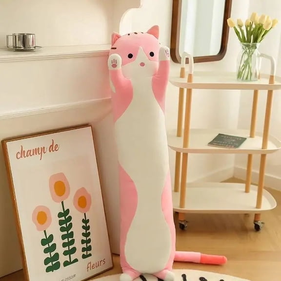 Cute Long Cat Plush Body Pillow, Soft Polyester Stuffed Animal Throw Cushion, Ergonomic Sleeping Hugging Pillow, 50‑70cm, for Bed Sofa Decor, Birthday Holiday Gift for Kids & Adults