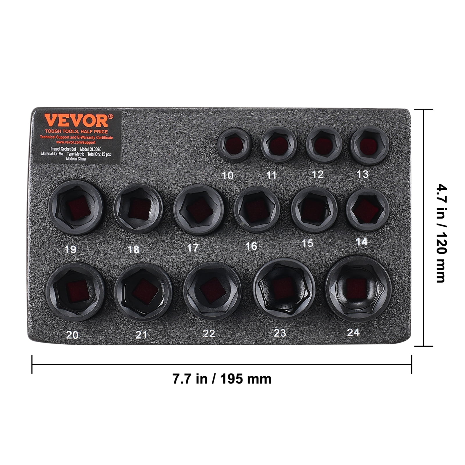 VEVOR Drive Impact Socket Set 3/8" - 15 Piece Ultra-Short Socket Set Metric 10-24mm - 6 Point Cr-Mo Alloy Steel for Auto Repair - Easy-to-Read Size Markings - Rugged Construction Socket Organizer