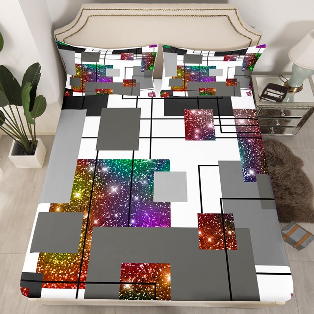 YST Geometric Fitted Sheet Rainbow Galaxy Stars Bedding Set Queen,Black Grey Abstract Stripes Grids Bed Sheets Glitter Geometry Checkered Bed Cover Room Decor 3 Pcs(No Top Sheet)