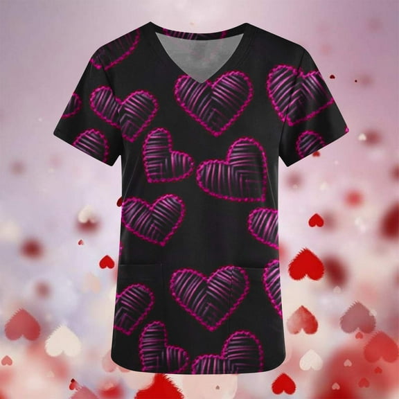 Pimelu Valentines Shirts for Women Womens Tops Womens Scrubs Tops Valentines Day Shirts Fashion Heart Print Nurse's Tunic Tops V Neck Short Sleeve Pocket Working Uniform Blouses