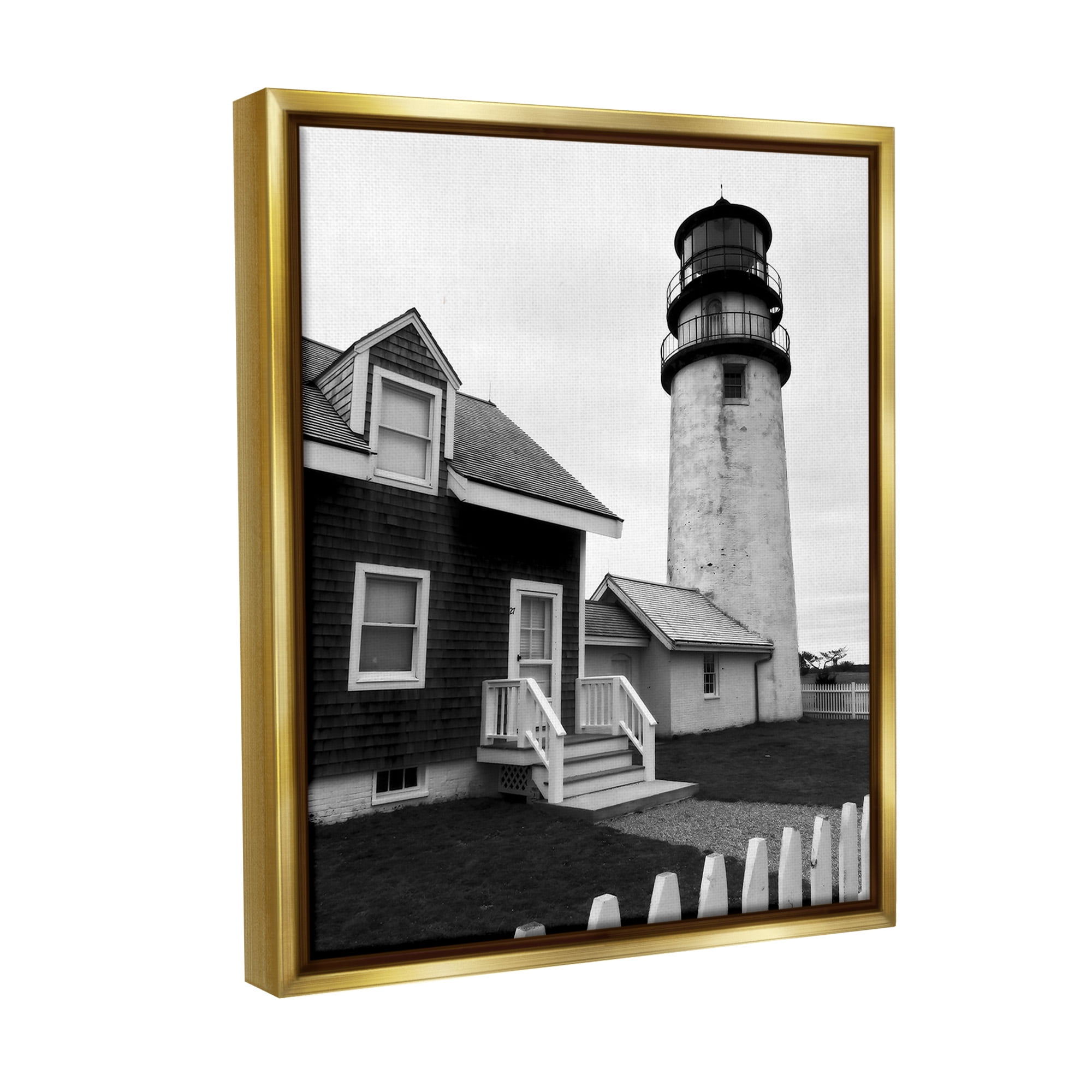 Stupell Industries Coastal Lighthouse with Fence Nature Photography Gold Floater Framed Canvas Art Print Wall Art, 17 x 21