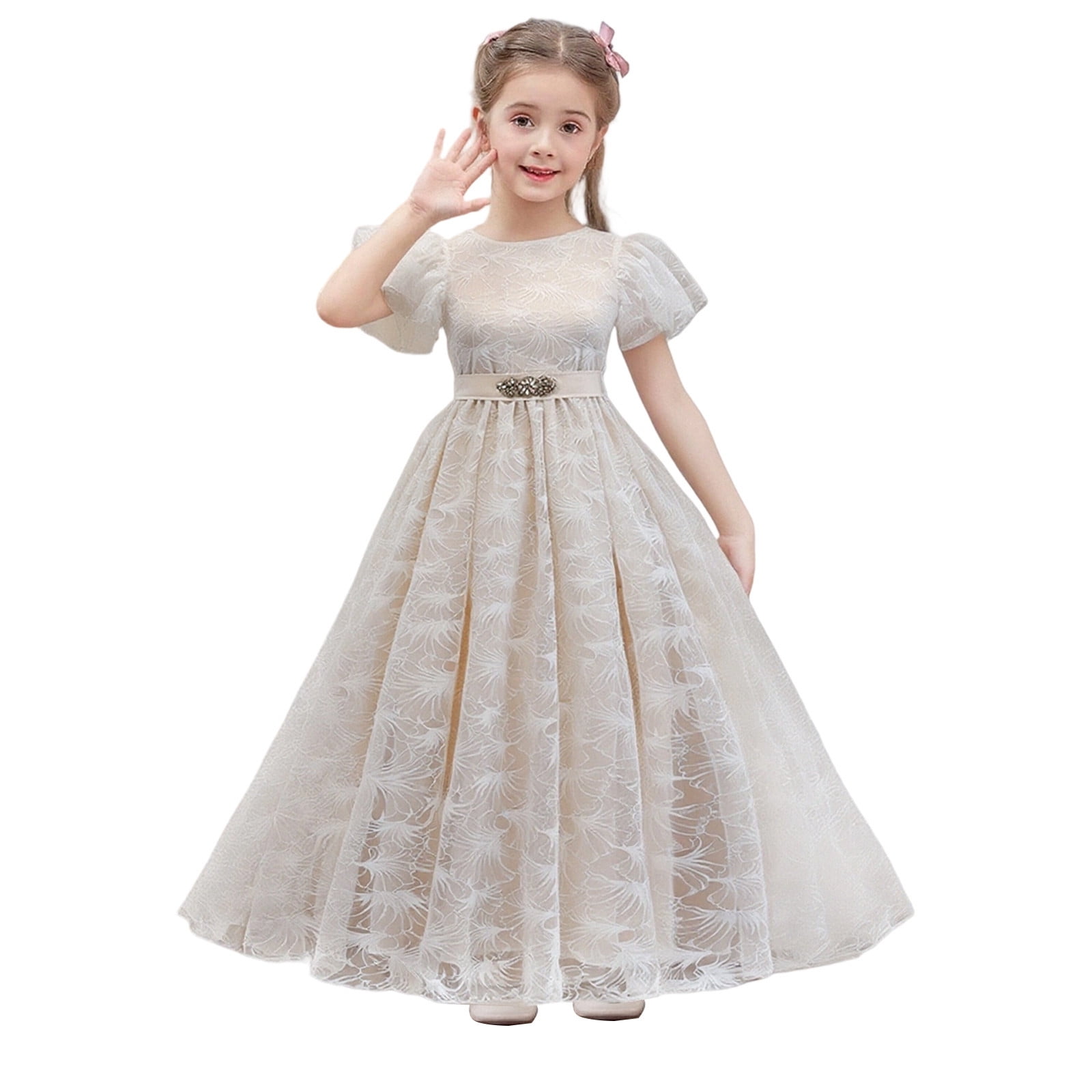 Wdgfv Girls Lace Dress Elegant Party Gown Floral Embroidery Tutu Outfit Comfortable Fashion Belted Casual Wear For 8-13 Years Old White 11-12 Years