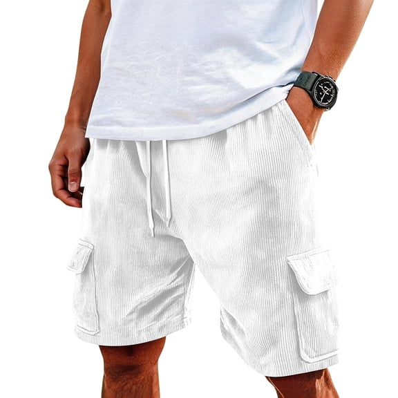 Lumtrix Men'S Corduroy Cargo Shorts 2026 Casual Lightweight Shorts With Multi Pockets Drawstring Waist Loose For Summer Beach White S