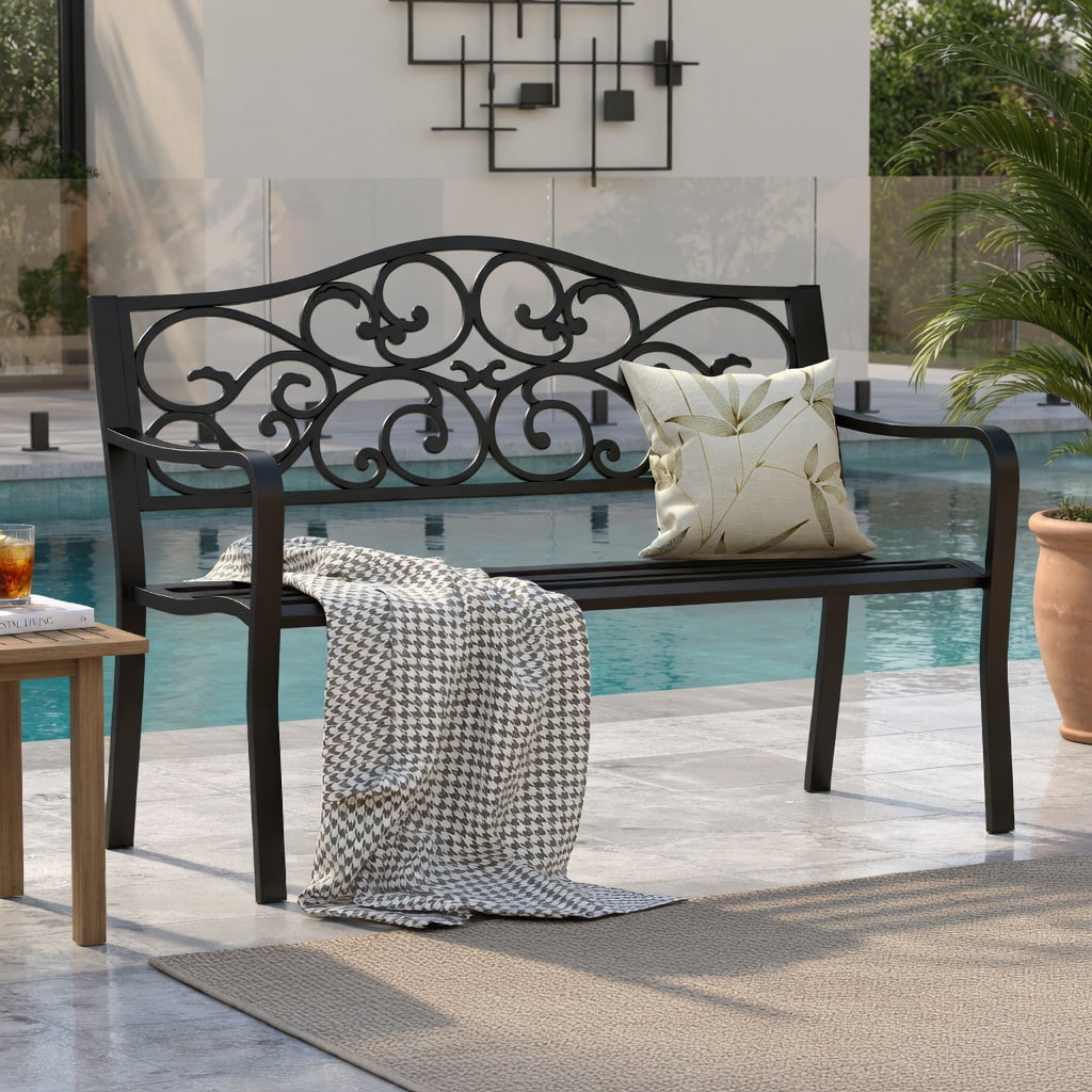 Hommoo 50" Cast Iron Outdoor Patio Bench, Floral Scroll Backrest, Slatted Seat, Heavy-Duty Metal Garden Bench for Porch & Deck, Black