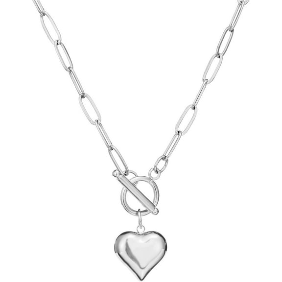 Stainless Steel Puffy Professional Heart Pendant Paperclip Chain Necklace for Women Toggle Necklace Jewelry[v198]