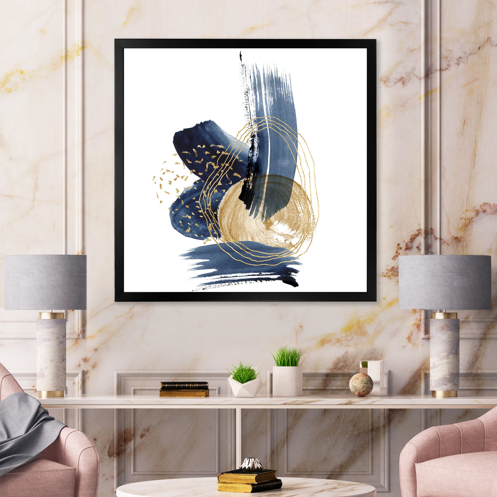 Designart 'Gold Strokes and Landscape of Dark Blue Mountains II' Modern Framed Art Print