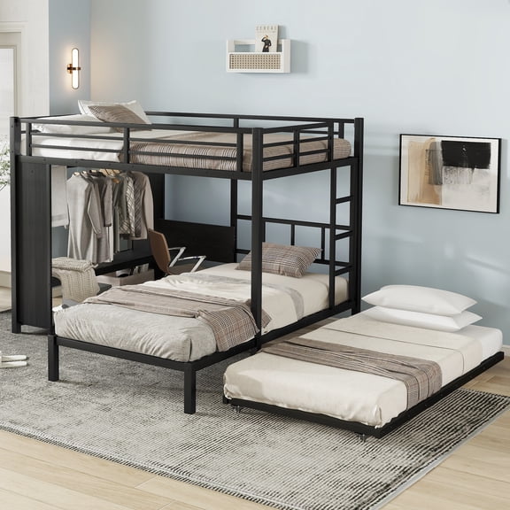 YIYADO Full over Twin Bunk Bed with Built-in Wardrobe & Trundle, Space Saving Metal Bunk Bed with Foldable Desk & Noise Reduction, Black