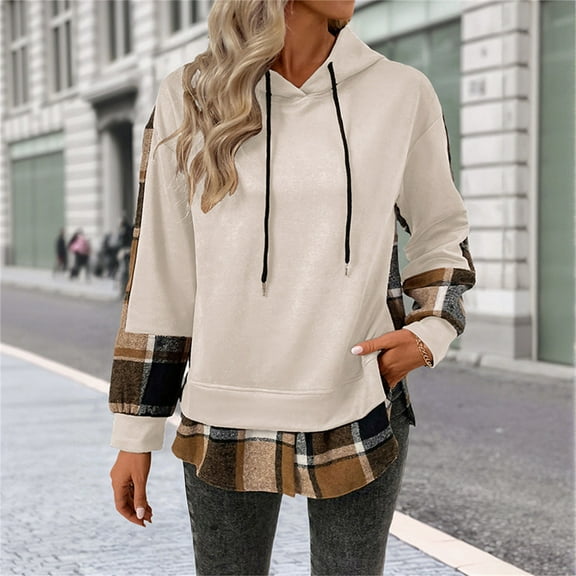 Women's Patchwork Plaid Hoodie with Drawstring Hood, Casual Long Sleeve Pullover with Side Slits, Comfortable Loose Fit Fall Sweatshirt for Streetwear, Daily Wear and Seasonal Outfits Beige L
