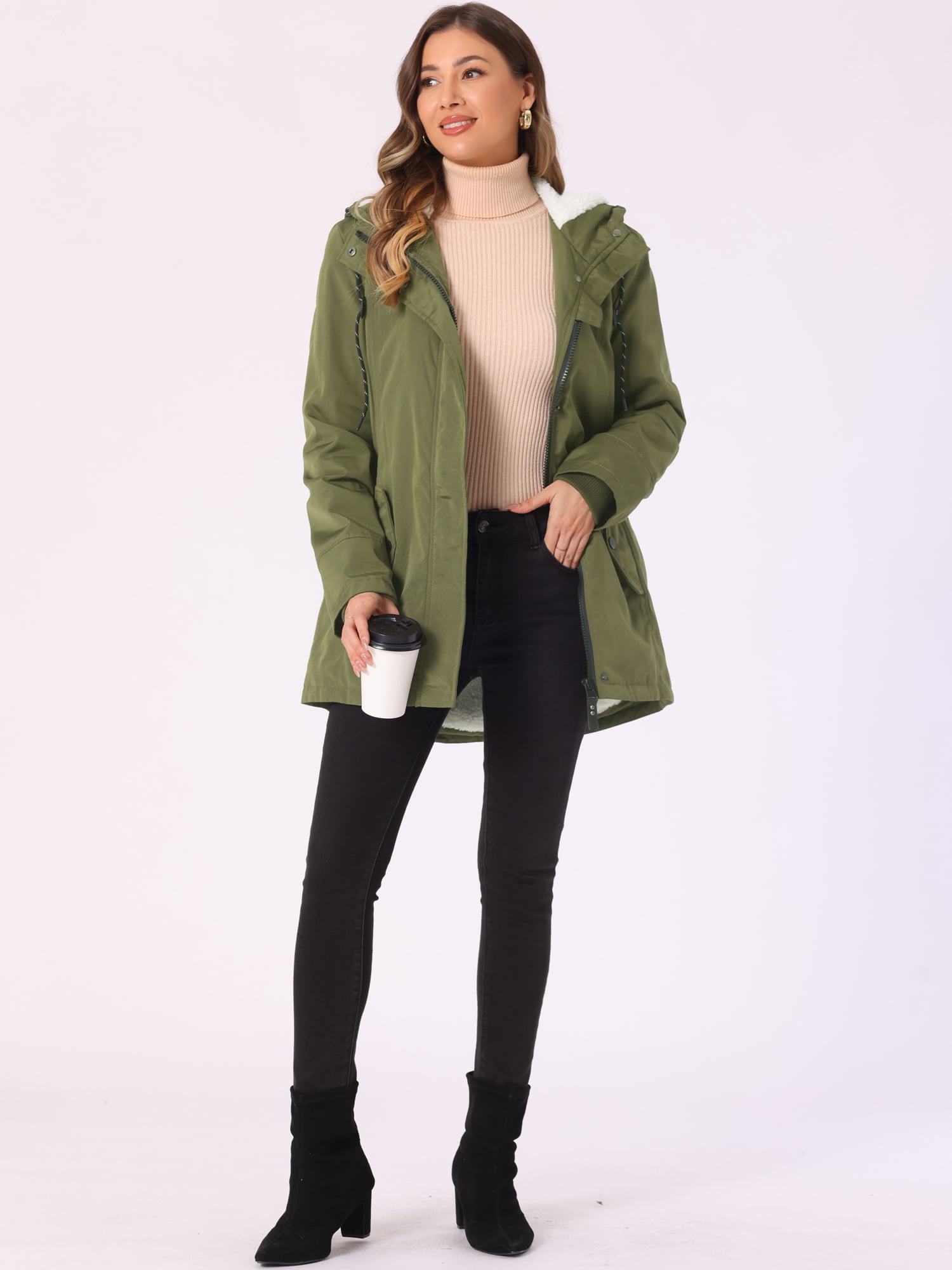 DARING DIVA Women's Winter Coat with Faux Fur Hood and Multiple Pockets XS Army Green