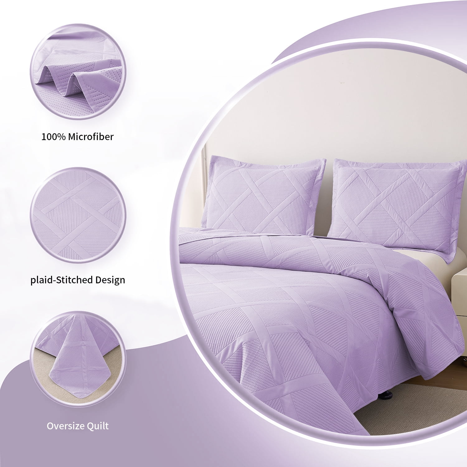 Beartech Solid Color Quilt Set Queen/Full Size Light Purple Bedspread Coverlet Microfiber Bedding Lightweight Reversible Set,Soft Bedding for All Seasons
