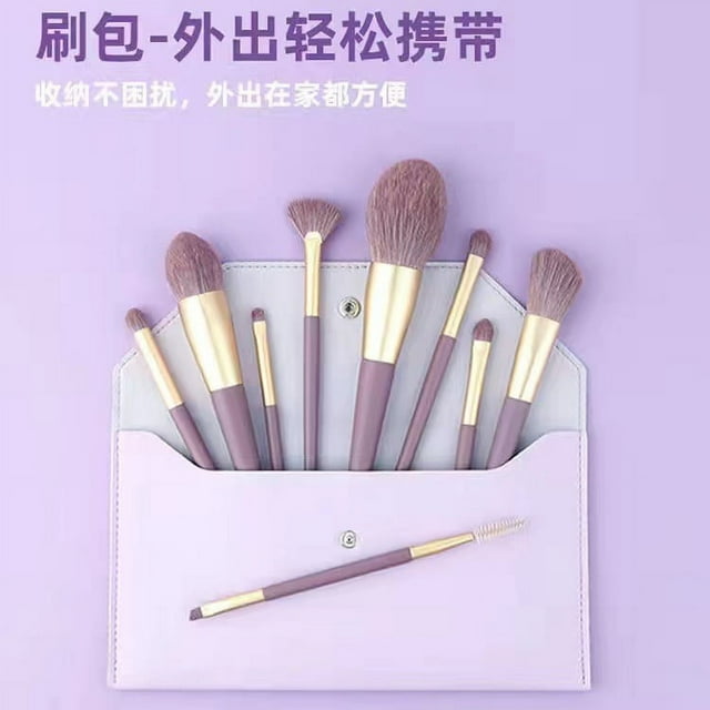 Nvzi Juego de brochas de maquillaje, kit de 9 brochas de maquillaje de viaje, brochas cosméticas para base de maquillaje, rubor, sombra de ojos con bolsa de almacenamiento (púrpura)