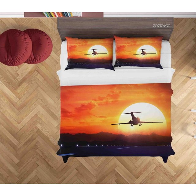 3D Sunset Sky Plane Taking Off Funda de edredón Set Ropa de Cama Funda Nórdica