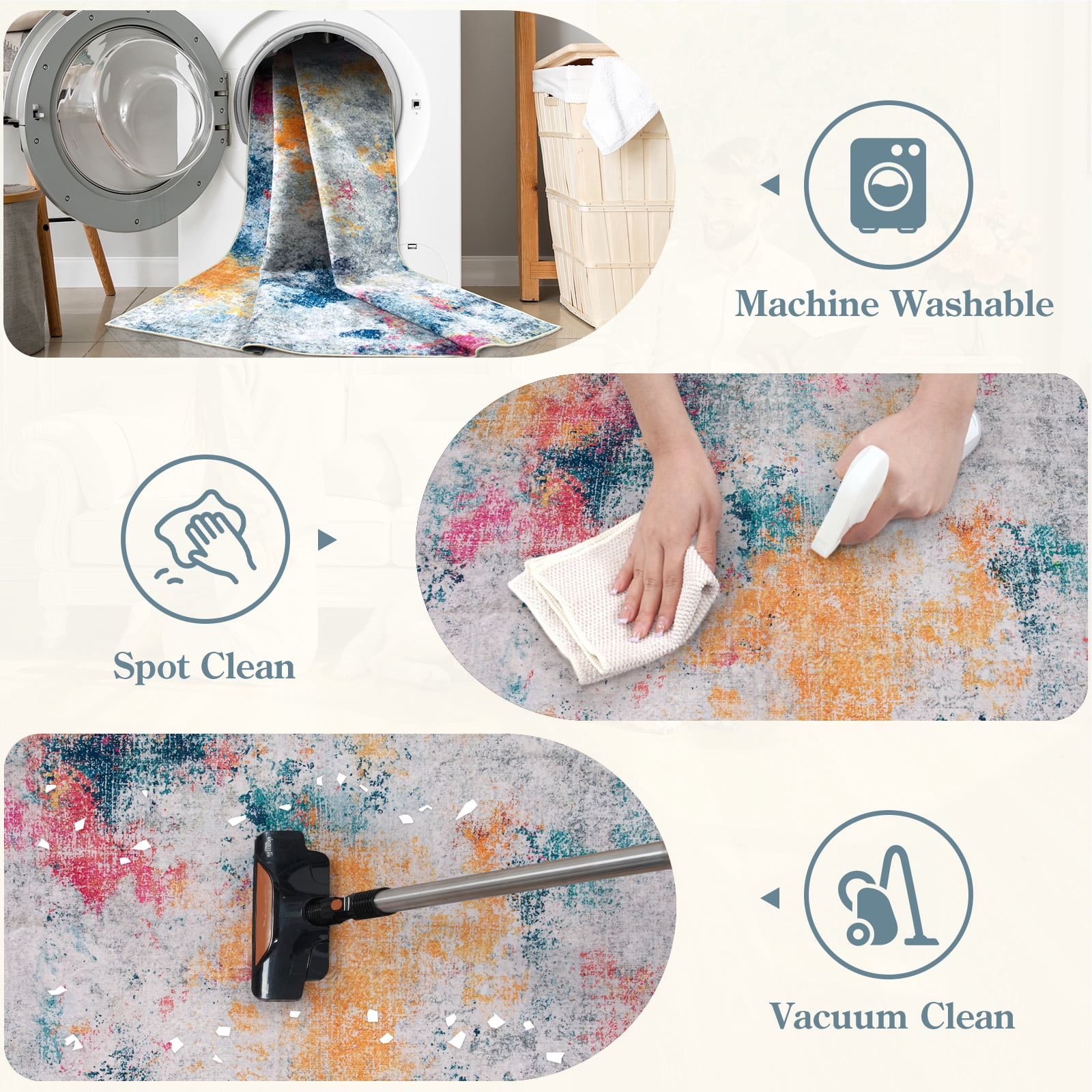 RUG ROBOT Abstract 6'x9' Area Rugs for Living Room, Washable Bedroom Rug Non-Slip, multi color area rug，Soft Modern Large Accent Carpet Throw Rug for Kitchen Dining Room Home Office, Ivory/Blue