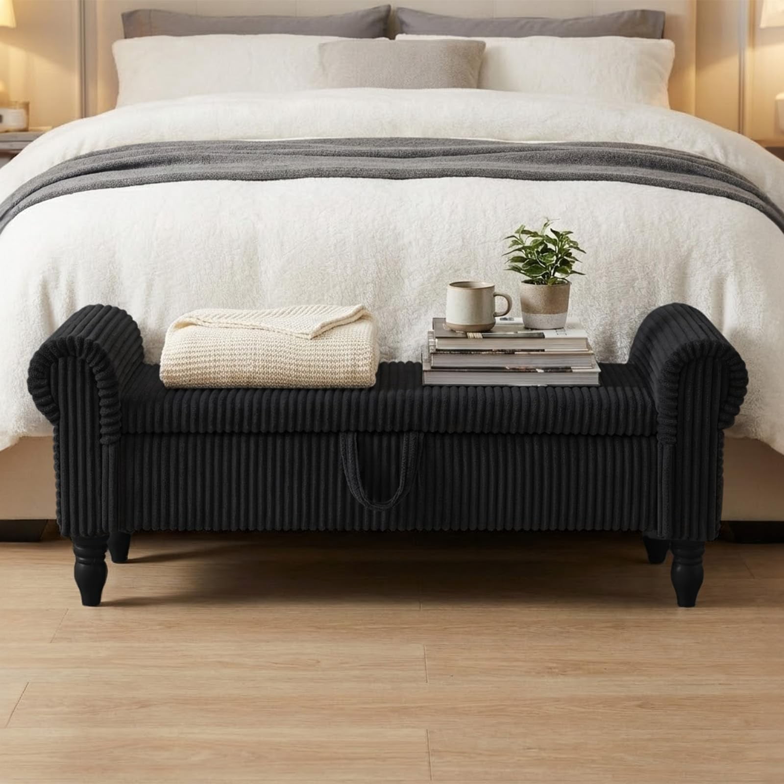 51.5" Storage Ottoman Bench, Upholstered Corduroy End of Bed Bench with Hidden Storage for Bedroom, Entryway & Living Room, Black