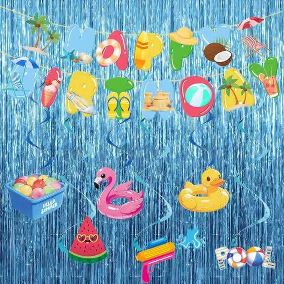 Summer Birthday Party Decoration Kit, No-DIY Beach Party Decor Set with 1 "Happy Birthday" Banner, 2 Blue Foil Tassel Curtains & 6 Hanging Ornaments for Beach Birthday Celebration