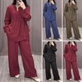 thumbnail image 2 of 2 Pcs/Set Women Top Pants Suit Round Neck Half Single-breasted Long Sleeves Loose Blouse Wide Leg Pure Color Trousers Casual Pantsuit Sport Clothes, 2 of 8