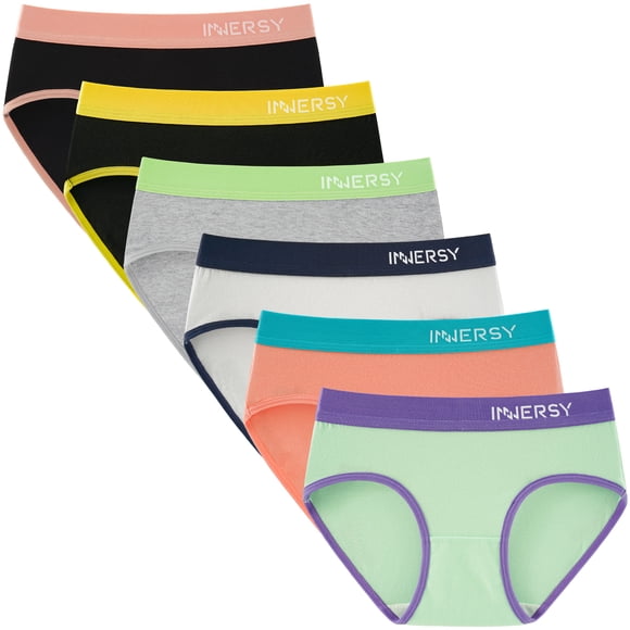 INNERSY Big Girls' Underwear Cotton Full Briefs Contrasting Color Panties for Teens 6 Pack(12-14years,Basics)