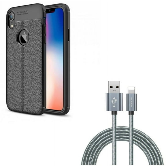 6ft USB Cable w Case for iPhone XR - Charger Cord Power Wire Braided Long, PU Leather Slim Fit Cover Reinforced Bumper Shock Absorbent Compatible With iPhone XR