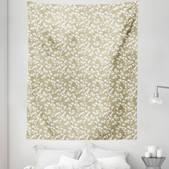 Vine Tapestry, Vineyard Garden Theme with Silhouette Grapevines and Bunch of Grapes Pattern Print, Fabric Wall Hanging Decor for Bedroom Living Room Dorm, 5 Sizes, Tan and White, by Ambesonne