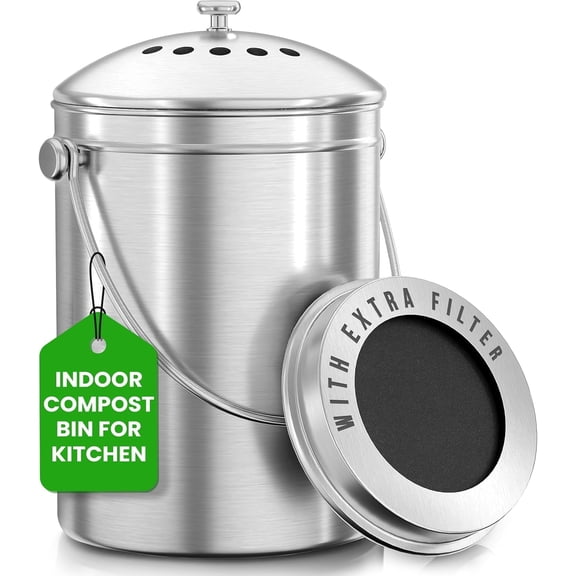 Utopia Kitchen Countertop Compost Bin 1.3 Gallon, Stainless Steel, Silver | Odorless countertop compost bin with charcoal filter, ideal for food scraps and waste